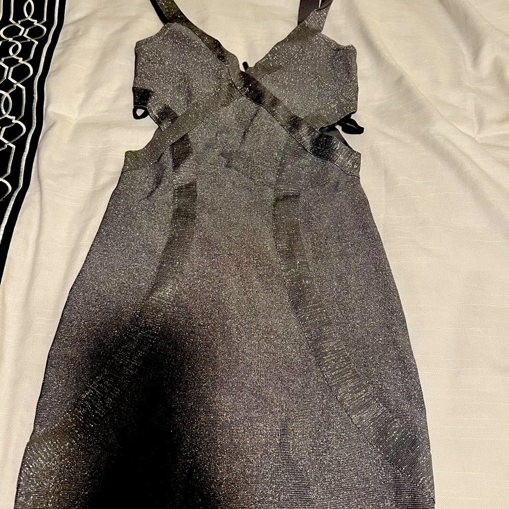 Bebe Silver Glittery Bodycon Dress XS Y2K Glam Minimalist